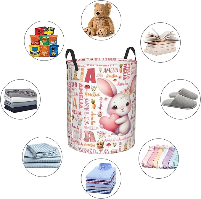 Personalized Bunny Laundry Basket For Baby Kids Boys Girls Adult Custom Hamper Basket With Name For Bathroom Bedrooms Collapsible Baby Laundry Basket, Dirty Clothes Hamper With Handles