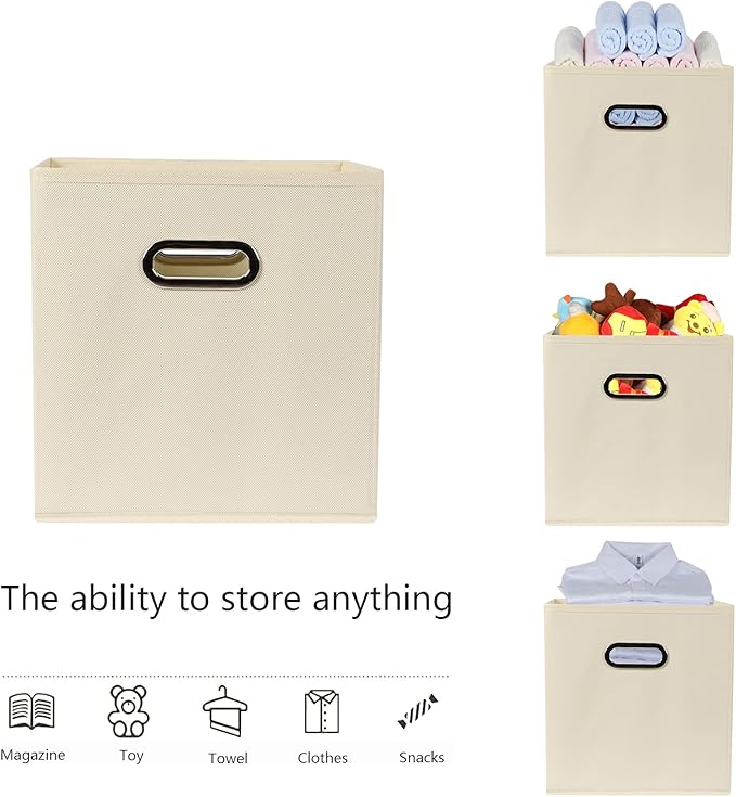 Yunkeeeper storage bins Cubes, Fabric Cube Organizer with Handle, Foldable Cube Bins for Cloth or Accessary Storage, 11x11x11, Set of 3, (Creamy White)