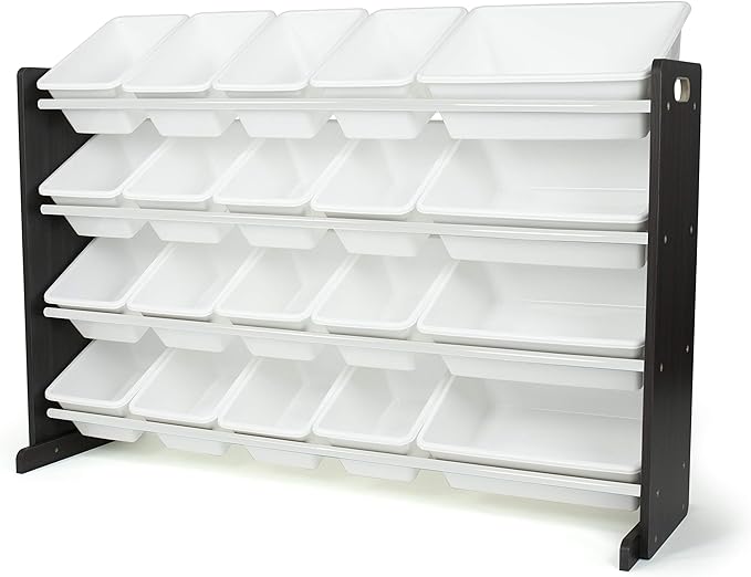 Humble Crew Extra-Large Toy Organizer with 20 Plastic Bins – White/Espresso Storage Rack with 4-Tier Shelves, Anti-Tip Safety, for Kids’ Rooms, Playrooms, Nurseries & Classrooms