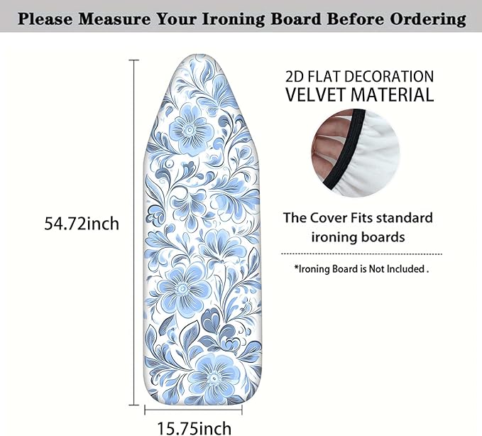 Nuxovilar Ironing Board Cover with Blue Floral Pattern, 15x54 Inches Polyester - Iron Covers for Ironing for Bedroom, Bathroom, Guest Room