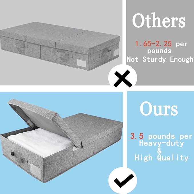 2 Pack 48L Under Bed Storage Containers, 6 Inches Tall Foldable Underbed Clothes Storage with Lids&3 Handles, 31.5 x 15.7 x 6 inches Low Profile Stackable Bins Box for Bedroom Blankets Clothes Shoes