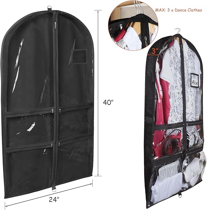 Syeeiex 3" Gusseted Clear Dance Costume Garment Bag(5 Pack), 40'' Dance Garment Bags for Dancers with 4 Zipper Pockets & Can Hold 1-3 Dance Costumes - Suitable for Dance Competitions, Ballet(Black)