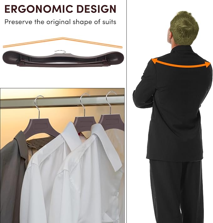 DEDU Suit Hangers for Men 40 Pack, Brown Coat Hangers Extra Wide Non Slip Width 17.7", Thick Plastic with Pants Bar & Metal Hook
