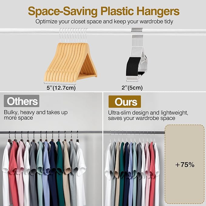 Plastic Hangers 50 Pack, 16.5 in Heavy Duty Clothes Hangers with 360° Swivel Hook, Non-Slip Bar & 0.2" Ultra-Slim Space-Saving Organizers for Coats, Pants, Suits, Shirts, White & Black