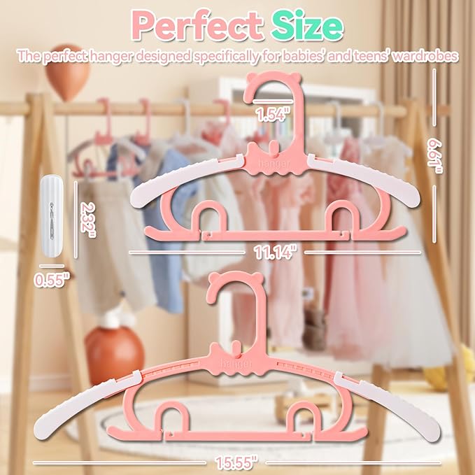 30 Pack Baby Hangers,with 16 Detachable Clips Adjustable 11.14"-15.55", Stackable Kids Closet Hangers, Two Bottom Grooves for Secure Clip Placement.Fits Newborns,Toddlers, Children & Teens(Pink)