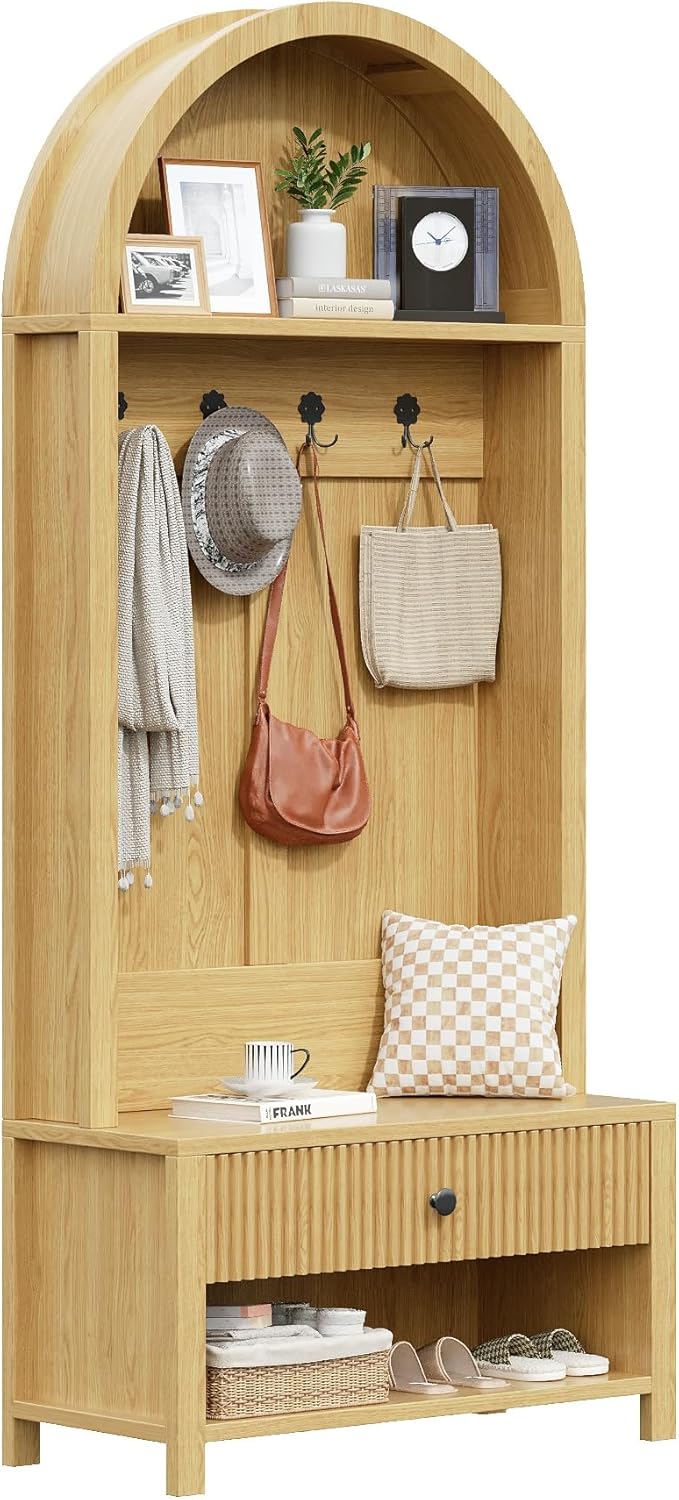 70.86-inch Entryway Hall Tree, Farmhouse-Style Wooden Coat Rack Freestanding, Entryway Organizer with Four Hooks, Standing Shoe Rack with Bench for Hallways, Foyers, and Living Rooms, Natural