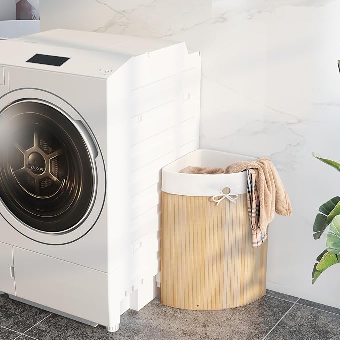 Giantex Corner Laundry Hamper with Lid, 58 L Bamboo Laundry Basket with Removable Liner & Handle, Triangle Clothes Hamper for Small Spaces, Bedroom, Bathroom, Laundry & Living Room (Natural)