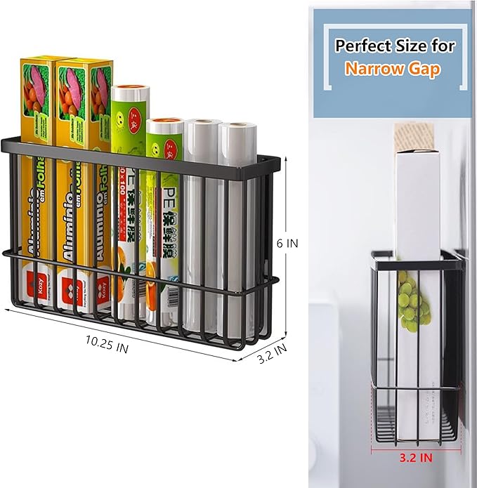 Magnetic Basket Kitchen Refrigerator Organizer Foil and Plastic Wrap Organizer for Fridge Heavy Duty Metal Storage (10.25" L x 3.2" W x 6" H, White)