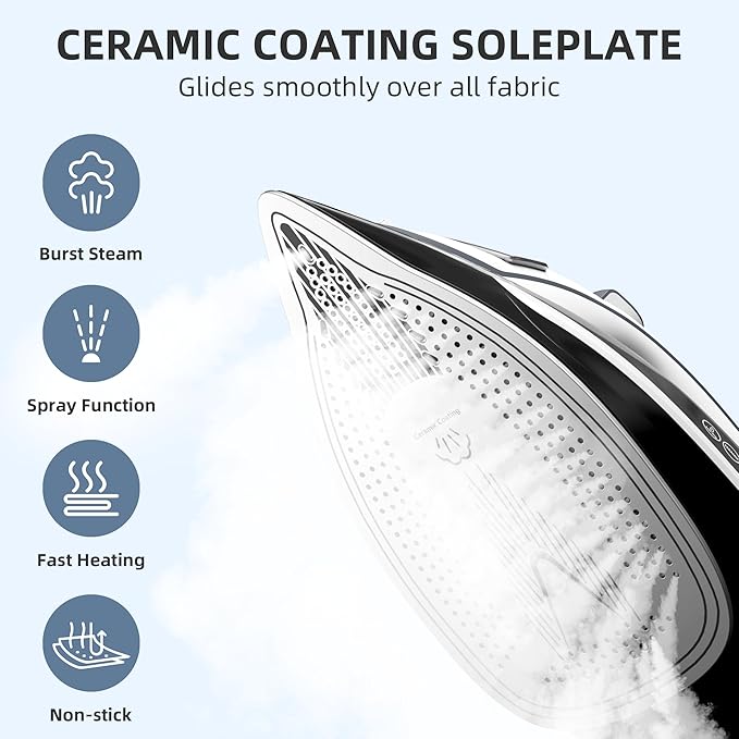 1700W Steam Iron for Clothes 20s Fast Heat-up, Non-Stick Ceramic Soleplate, 14.07oz Large Water Tank, Auto-Off, Burst Steam, Self-Cleaning, roning Clothes for Home