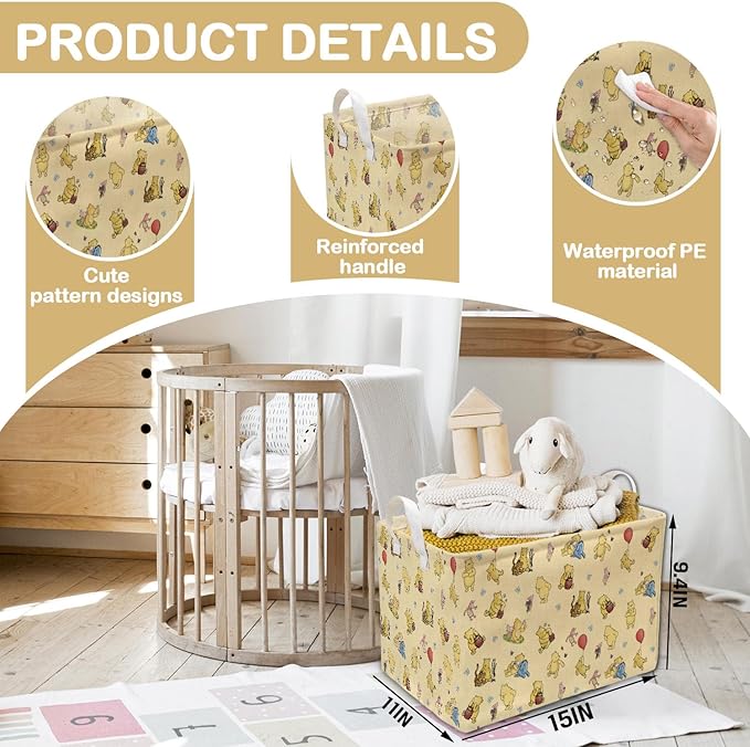 Winnie Nursery Hampers with Handles, the Pooh Nursery Storage Basket, Classic Winnie Baby Nursery Hamper Decor, Foldable and Waterproof Canvas Organizers for Toys Clothes Bedroom Bathroom