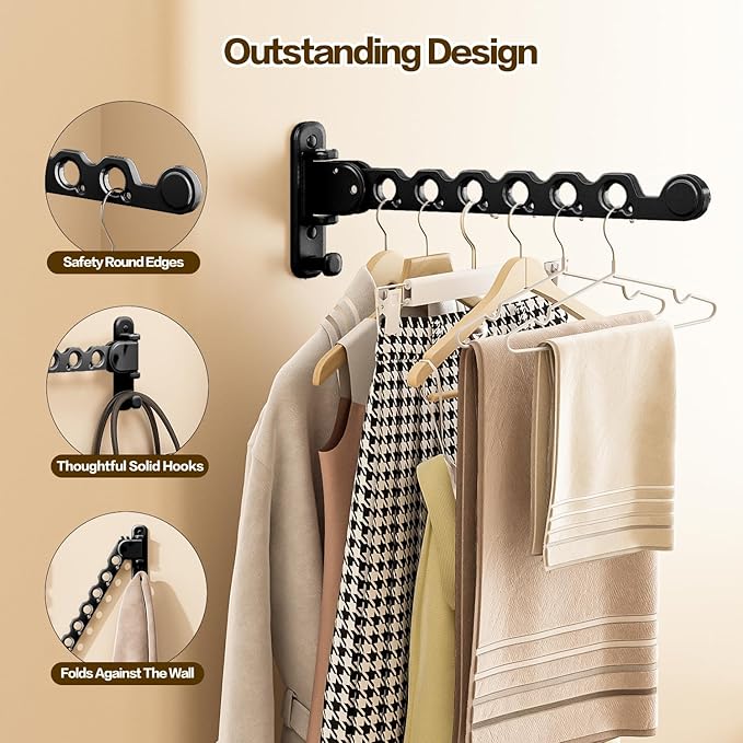 Wall Mounted Clothes Drying Rack, Laundry Clothes Hanger Rack Wall Mounted, Foldable Wall Clothes Rack for Laundry Room, Space Saving Closet Storage Organizer Clothes Hanger Indoor, 2pcs(Black)