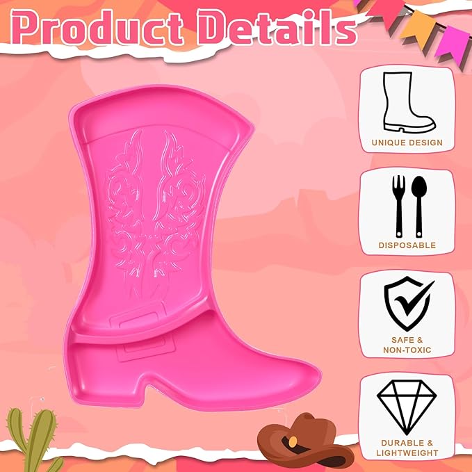 Uiifan 24 Pcs Cowboy Boot Party Serving Trays, Disposable Plastic Compartment Plates Boot Shaped Plates Western Theme Party Decorations Tableware for Cowboy Cowgirl Birthday Supplies(Pink)