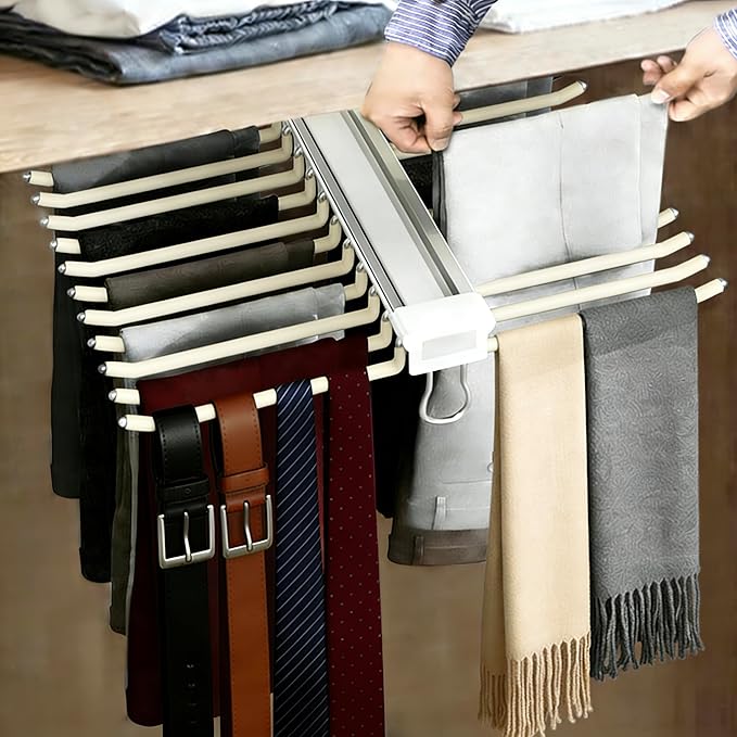 22 Arms Steel Slide Out Pants Rack Closet Pants Hanger Bar Pull Out Trousers Rack Tie Belts Scarf Racks, Top Mounted Wardrobe Clothes Organizers Rail Pull Out Closet Storage Rod-Beige