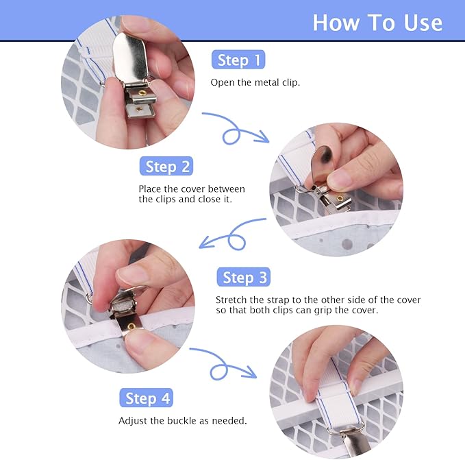 SheeChung Ironing Board Cover Clips,Set of 4,Anti-Slip Straps for Bed Corners Couch Cover,Keep Cover Flat and Secure Tention Clips
