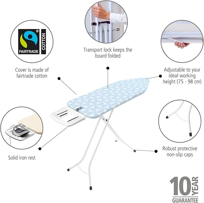 Brabantia Size C Ironing Board (49x18 in) 7 Height Options, Solid Steam Iron Rest Holder (Fresh Breeze) Non-Slip Feet, Anti-Collapse Child Locks