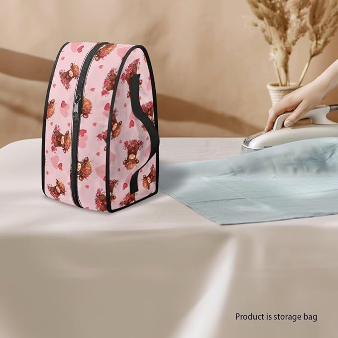 Rose Steam Iron Case Bag for Valentine's Day Highland Cow Print Portable Protective Iron Storage Bag Travel Carrying Case Fits Most Mini Size Irons