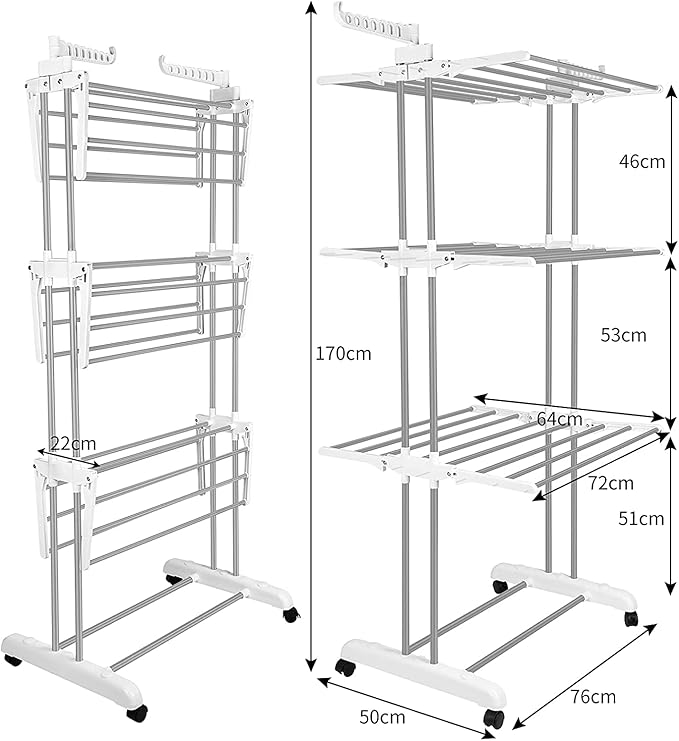Bigzzia 4 Tier Folding Drying Rack Clothing Clothes Horses Rack Stainless Steel Laundry Drying Rack (Grey White, 4 Tier)