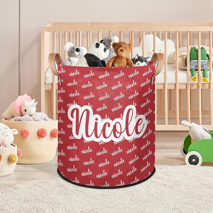 Custom Name Red Laundry-Hamper, Personalized Kids-Clothes-Hamper Foldable with Name, Customized Storage Basket with Handles Waterproof Gift for Boys Girls Baby Women