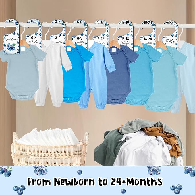Baby Closet Dividers 8PCS, Blueberry Themed Wooden Double-Sided Clothes Size Hanger/Organizer from Newborn to Toddler for Nursery Decor Baby Shower Birthday Gender Reveal Party Gift