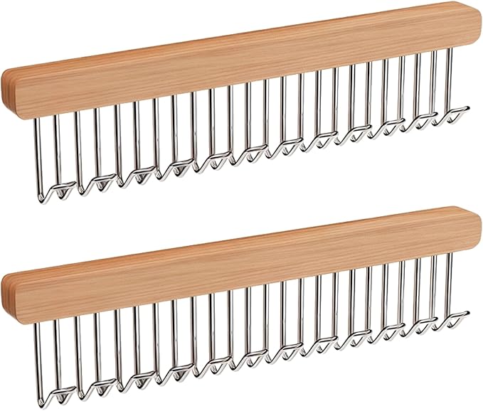 2 PCS 12 Hooks Valet Rod for Closet, Pull-out Closet Organizers, Left and Right Pull-Out Wooden Clothes Hanger Rack, Extendable Closet Rod with Metal Hooks for Bra, Belt, Tie, Scarf