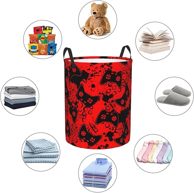 Game Joysticks Red Background Round Laundry Hamper Storage Basket Toys Clothes Organizer Bin For Home Bathroom Bedroom Dorm Nursery, 62l