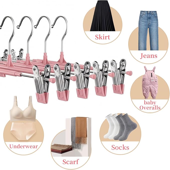 Pants Hangers with Clips 40 Pack Adjustable Non-Slip Heavy Duty Skirt Hangers, Space Saving Clothes Hangers for Jeans, Trousers, Shorts, Slacks, Dresses - 12 Inch, Pink