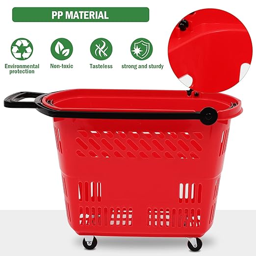 FAHKNS Red Shopping Carts with Wheels, 6PCS 35L Portable Shopping Baskets Set, Grocery Basket with Handles for Supermarket, Retail Store, Laundry