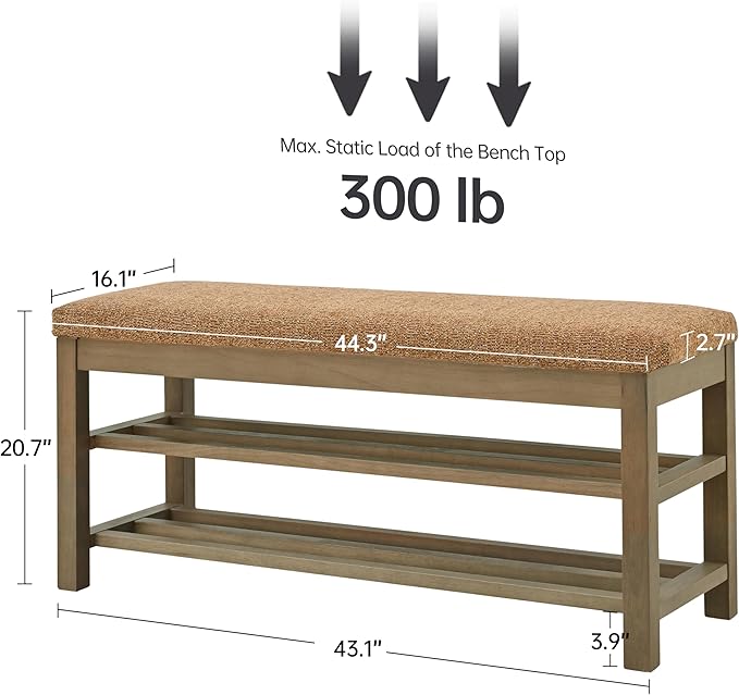 VKNOW Entryway Bench, 44.3” Upholstered Shoe Bench for Bedroom, 2-Tier Storage End of Bed Bench with Rubberwood Legs for Living Room, Hallway, Orange