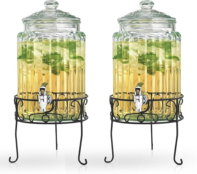 MosJos 2 PACK 1.5 Gallon Drink dispenser, Glass Beverage Dispenser With Elegant Stand Stand, Drink Dispensers for Parties With Spigot 100% Leakproof. Perfect For Parties And Daily Use