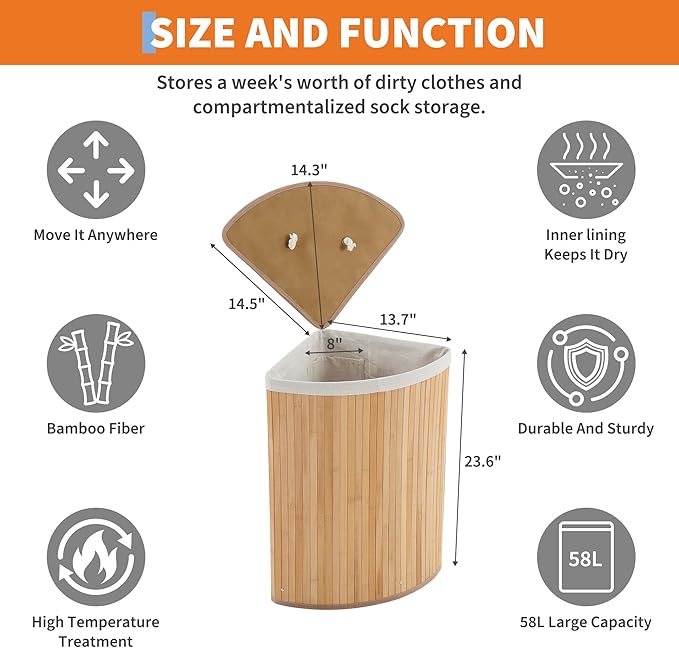 GarveeHome Corner Laundry Hamper with Lid, 15.3 Gal / 58 L Large Foldable Bamboo Laundry Basket with Washable Liner Bag, Wicker Clothes Hamper for Bedrooms Bathrooms Apartments, Natural