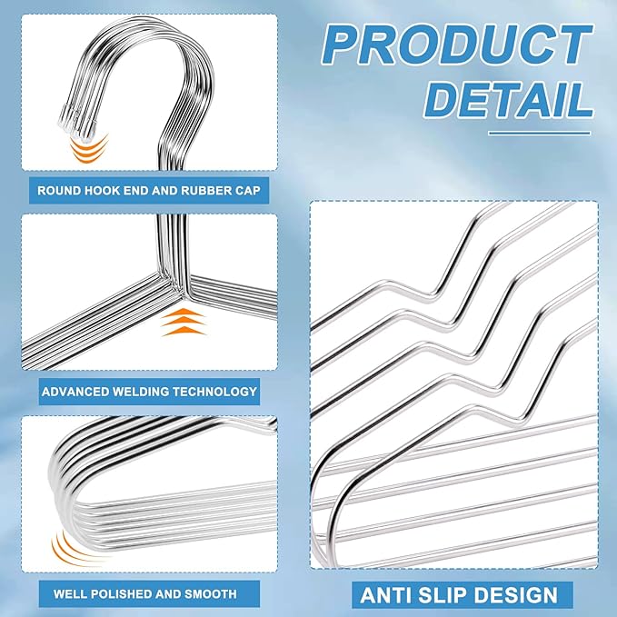 Wire Hangers,Heavy Duty Clothes Hanger,Silver Metal Hangers,Stainless Steel Coat Hanger with Non Slip Notch,Ultra Thin Space Saving Wire Hanger 16.5 Inch (40Pack)