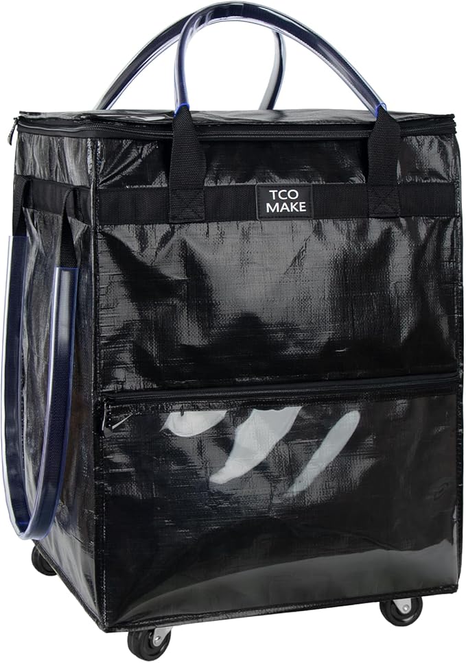 Reusable Grocery Bag on Wheels, (Medium, Black) Shopping Bags with Wheels and Handle, Folding Rolling Tote, Zipper Cover, Carries Up to 46 LBS, for Laundry, Picnic