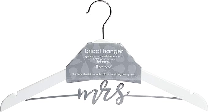 Pearhead Mrs. Wedding Dress Hanger, Wooden Bridal Gown Hanger with Cursive Wire Lettering, Wedding Photo Prop and Bridal Keepsake, White and Silver