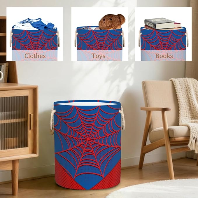 Blue Spider Web Laundry Hamper - 58L Collapsible Waterproof Large Tall Nursery Storage Baskets Bin for Kids Toys, Clothes, Bathroom, Boys Bedroom Comic Hero Decor, Gift Basket