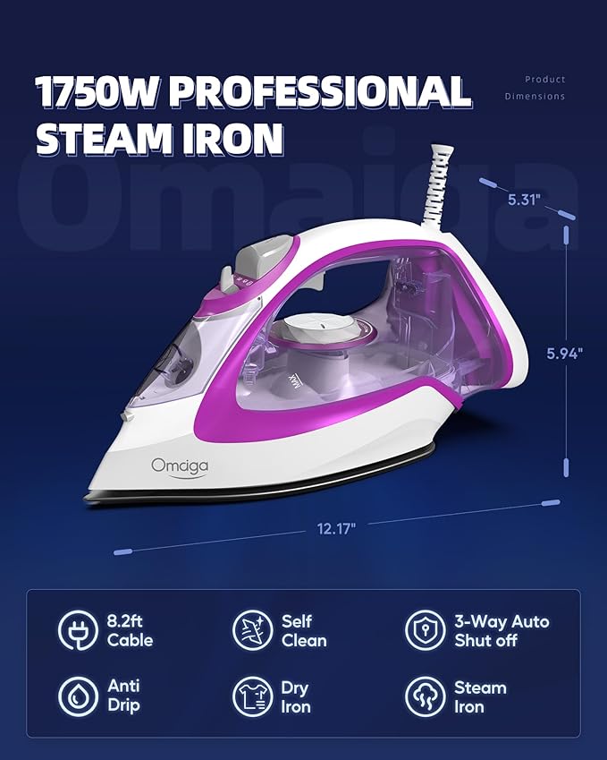1750W Steam Iron for Clothes, Powerful Steam Iron with Rapid Heating & Ceramic Soleplate, Self-Cleaning, Auto Shut Off, Large Water Tank for Home Use