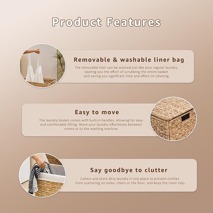 Handwoven Laundry Hamper with Lid, Natural Hyacinth Heightened Feet Laundry Basket, Wicker Clothes Hamper with Removable Liner Bag (Natural-A, 90L)