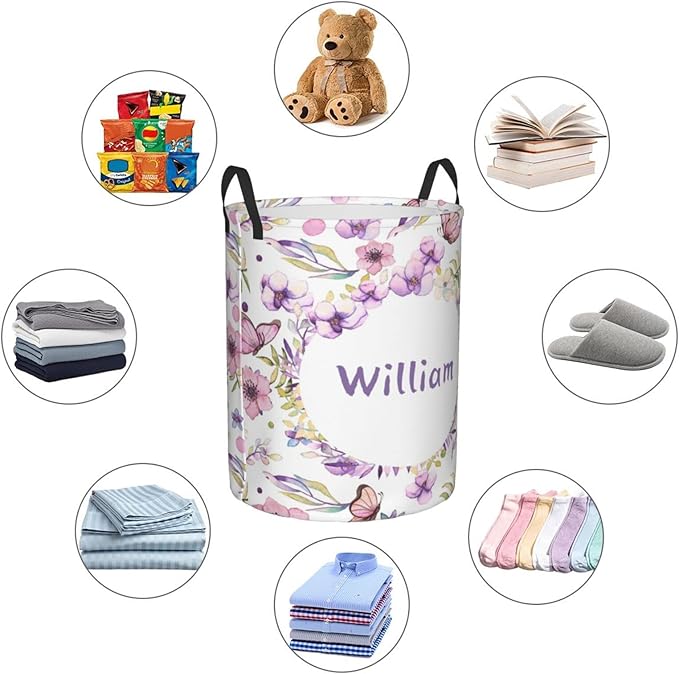 Beautiful Flowers Butterfly Customized Laundry Basket Clothes Hamper with Name Collapsible Waterproof Large Capacity Organizer Storage for Living Room.