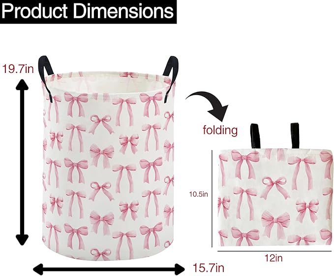 ESSME Kids Laundry Basket,Pink Hamper Collapsible Canvas Waterproof Storage Bin for Girls, Cute Hamper,Gift Baskets(Bowknot)