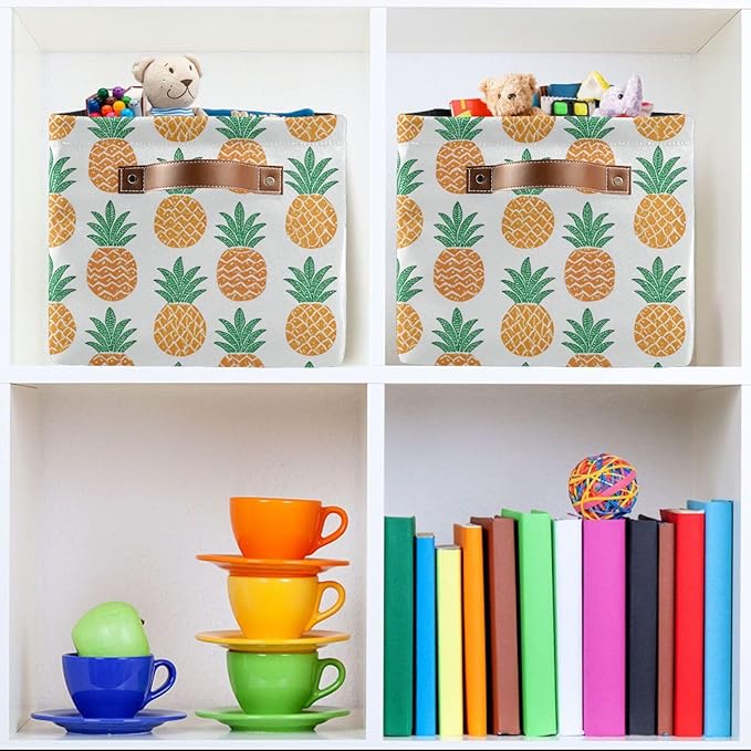 Fun Pineapple Storage Basket Bin, Large Cube Storage Box Canvas Collapsible Storage Organizer for Home Office Closet - 15 L x 11 W x 9.5 H