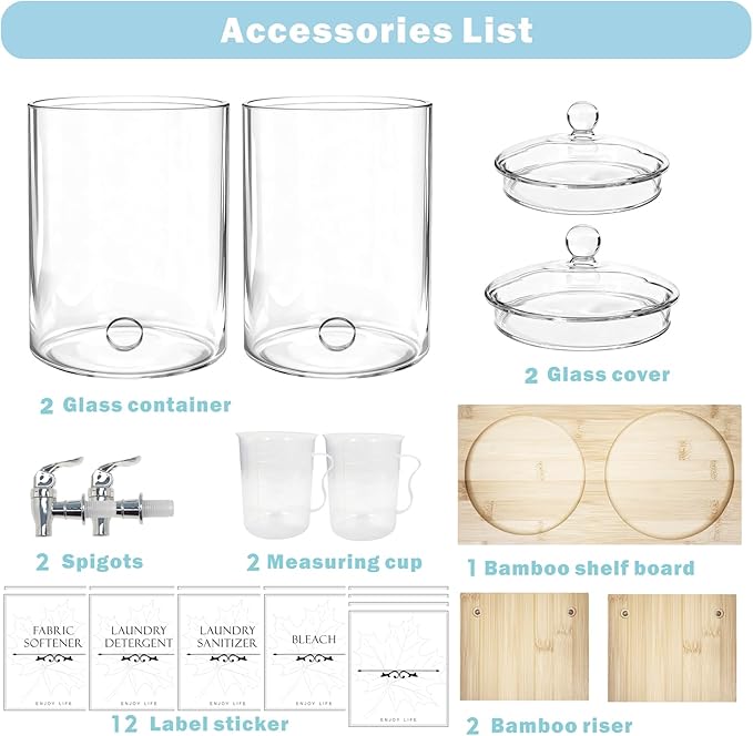 Glass Laundry Detergent Dispenser 2 Pack Soap Cloth Softener Dispenser with Bamboo Stand Measuring Cup Spigots Label Laundry Room Bathroom Countertop Glass Dispenser Set for Fabric Care Large Capacity