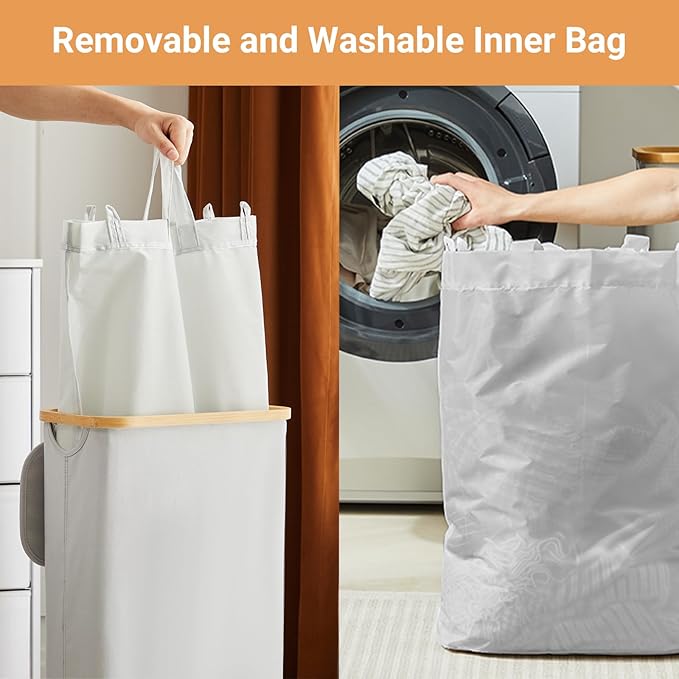 Fiona's magic Slim Laundry Hamper with Lid, 63L Narrow Laundry Basket with Removable Bag, Grey Collapsible Dirty Clothes Basket, Thin Tall Storage Basket for Bathroom, Bedroom
