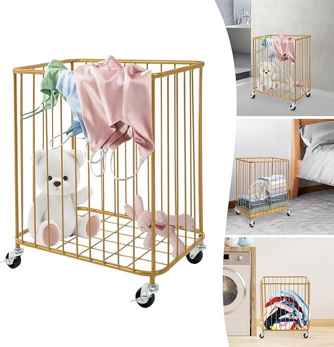 Rolling Laundry Hamper, Large-size Metal Laundry Basket Cart w/Wheels, Wheeled Clothing Hamper for Home, Hotel, Mall, Bathroom, Bedroom and Commercial Laundries (Gold)
