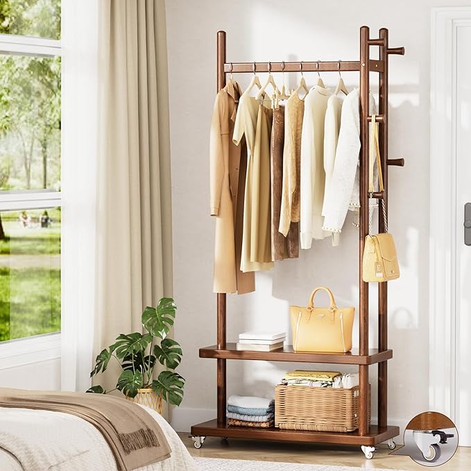 Coat Rack Freestanding Clothing Rack with Wheels, Coat Tree Freestanding Heavy Duty with 2 Storage Shelves and 5 Hooks, Wood Garment Rack for Corner Bedroom Hallway Entryway Living Room Hotel