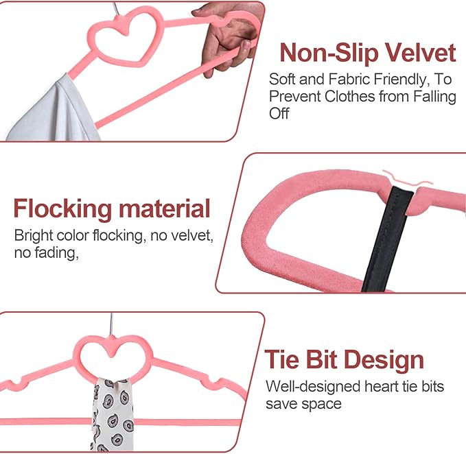 Velvet Hangers Pack of 20, Non Slip Standard Clothing Adult Heart-Shaped Clothes Hanger, Notches 360 Degree Swivel Hook Felt Hangers, for Heavy Coats, Jackets, Office Suits,Undergarments,Pink