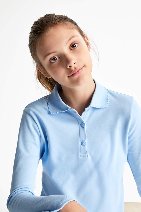 French Toast Girls' Picot Collar Polo Shirt with Long Sleeves (Kids Standard & Plus Size)