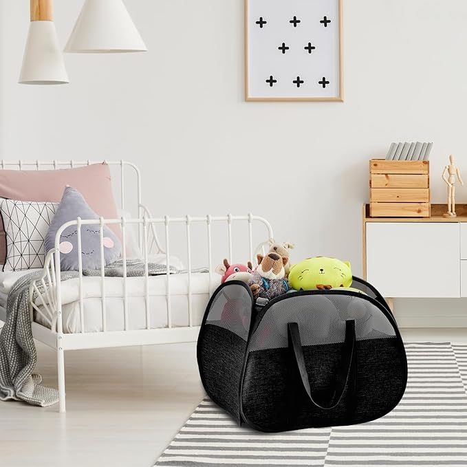 TECHMILLY Pop Up Foldable Laundry Basket, 90L Large Capacity Square & Tear Proof Laundry Hamper with Reinforced Handles for Dirty Clothes Storage in Dorm, Laundry Room, Bathroom, Black(Fabric), 2 Pack