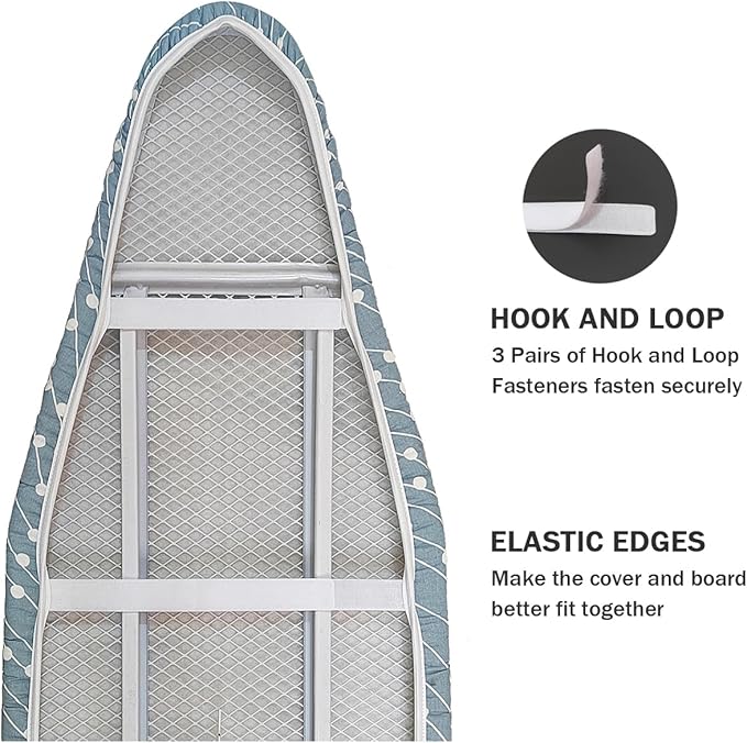 Ironing Board Cover and Pad Standard Size 15" x 54",3 Pairs of Hook and Loop Fastener Straps,Elastic Edges,Cotton Iron Board Cover with Scorch Resistant Thick Padding(White Circle)