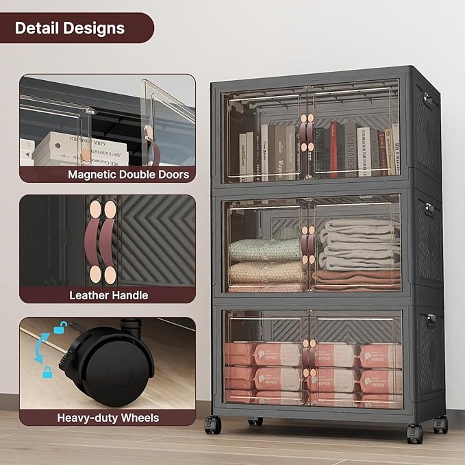 Extra Large Stackable Storage Bins, Lockable Storage Bins with Lids, Folding Storage box with Doors and Wheels, Collapsible Plastic Drawers for Home, Garage, Office (6, Black, Medium)