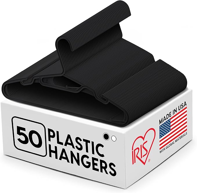 IRIS USA Lightweight Flexible Hangers 50 Pack, Made in USA, Plastic Clothes Hangers with Shoulder Grooves & Accessory Hooks, Dorm Apartment Essentials, Adult Hangers for Light Shirts Clothing, Black