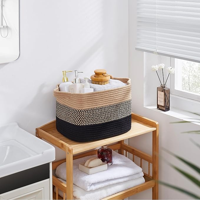 OIAHOMY Woven Storage Basket for Shelves, Rectangle Cotton Rope Baskets for Organizing, 13 x 10 x 9 in, Storage Bins for Dog Toys,Towel,Books,Gift,Gradient Black Brown